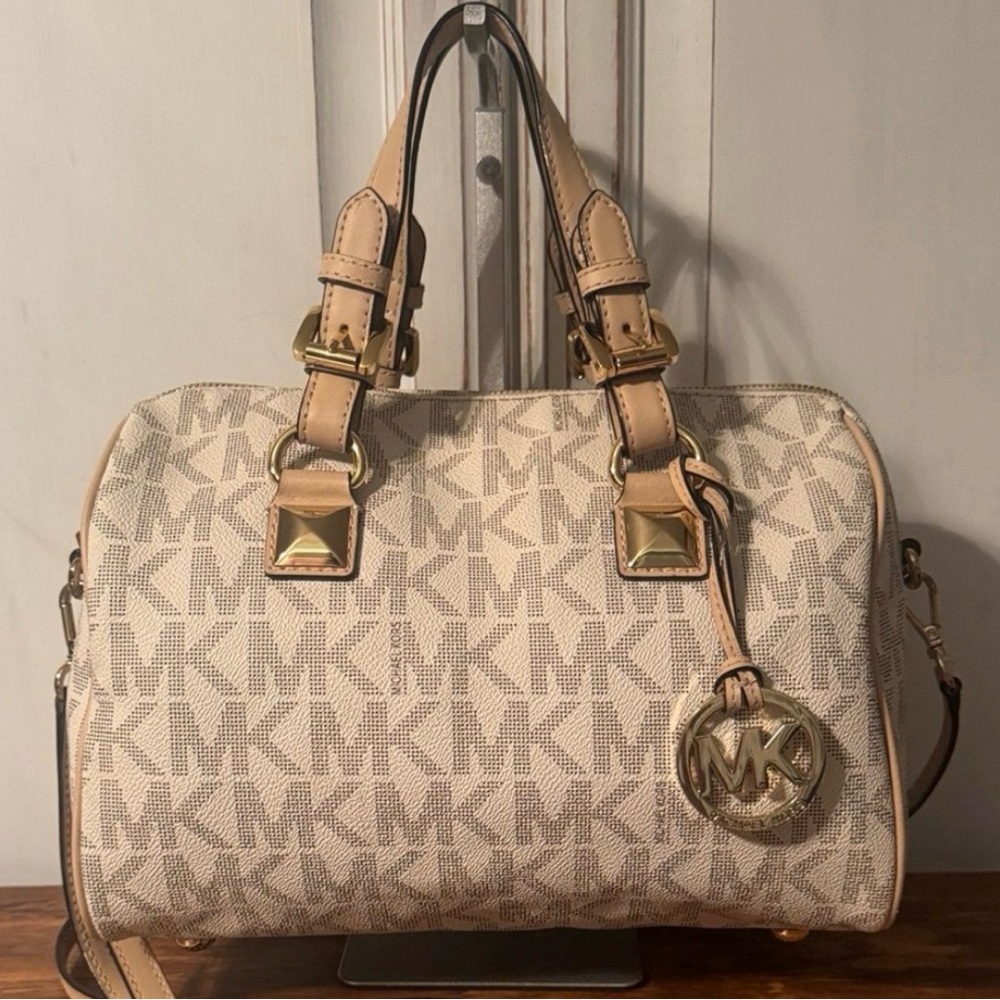 Michael Kors Beige and Brown Logo Satchel